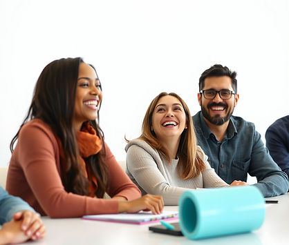 group of adults laughing while attending an information session