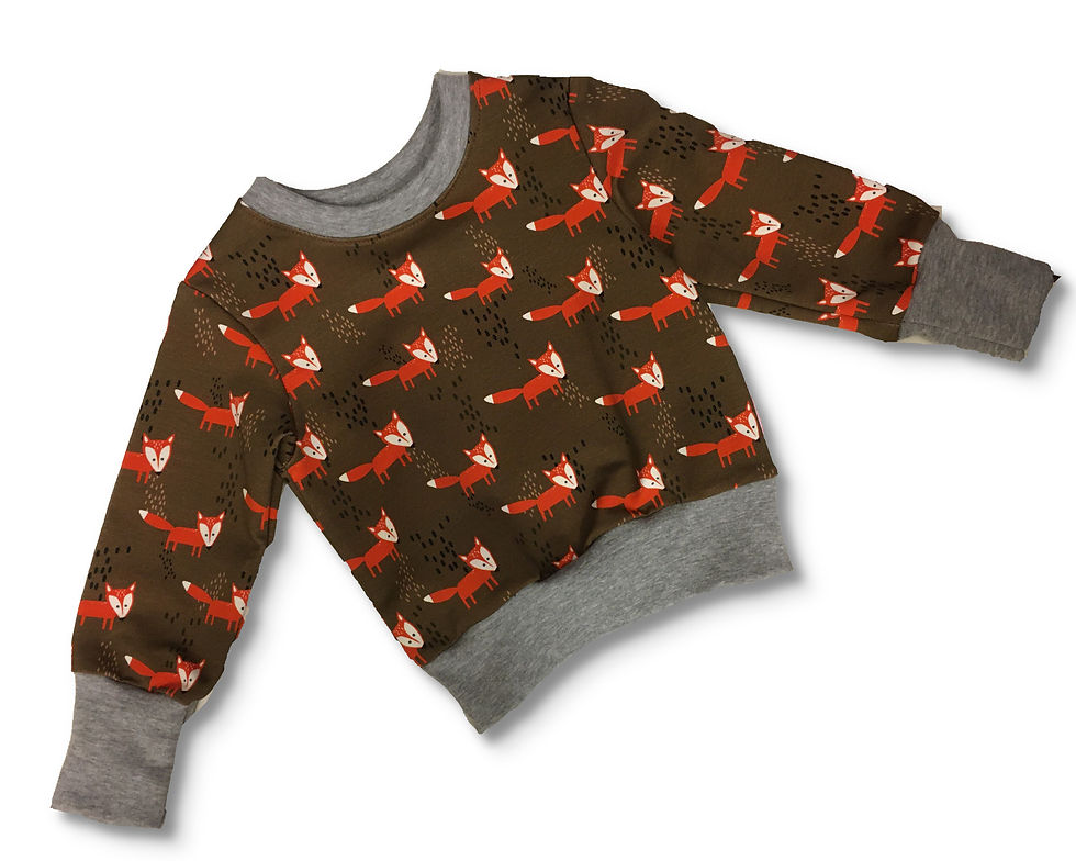 Miniaturbild: Brauner Pullover mit Fuchs-Muster, grauen Bündchen, Bekleidung für Kinder, Baby