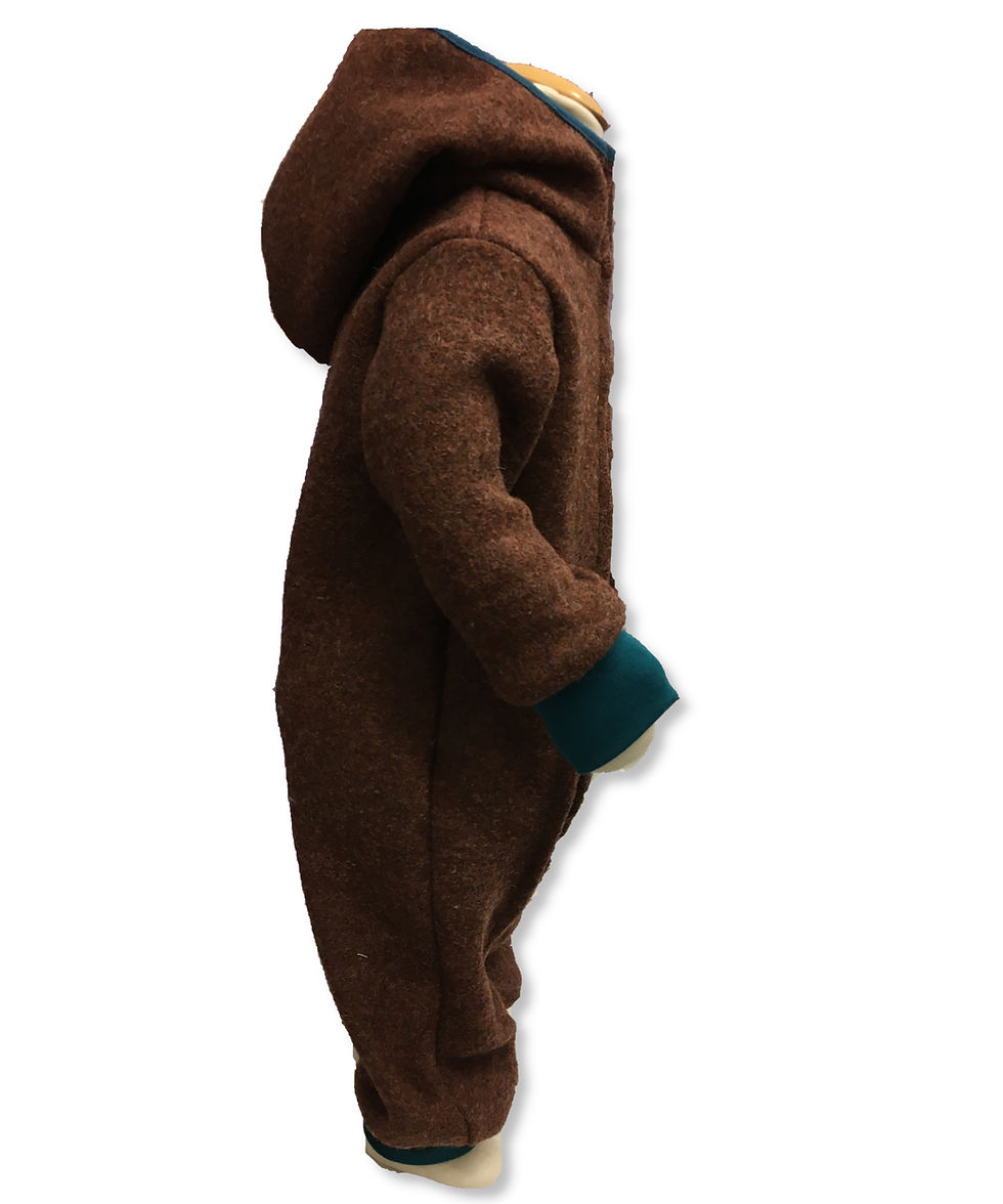 Miniaturbild: Brauner Wollanzug für Babys mit Kapuze, Seiteansicht, Sofshellanzug Rot.