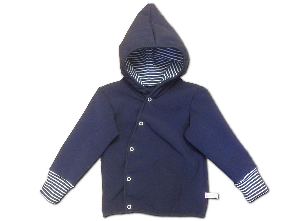 Miniaturbild: Dunkelblaue Babyjacke mit Knöpfen und Kapuze, gestreifte Ärmel, Softshelljacke Marine.