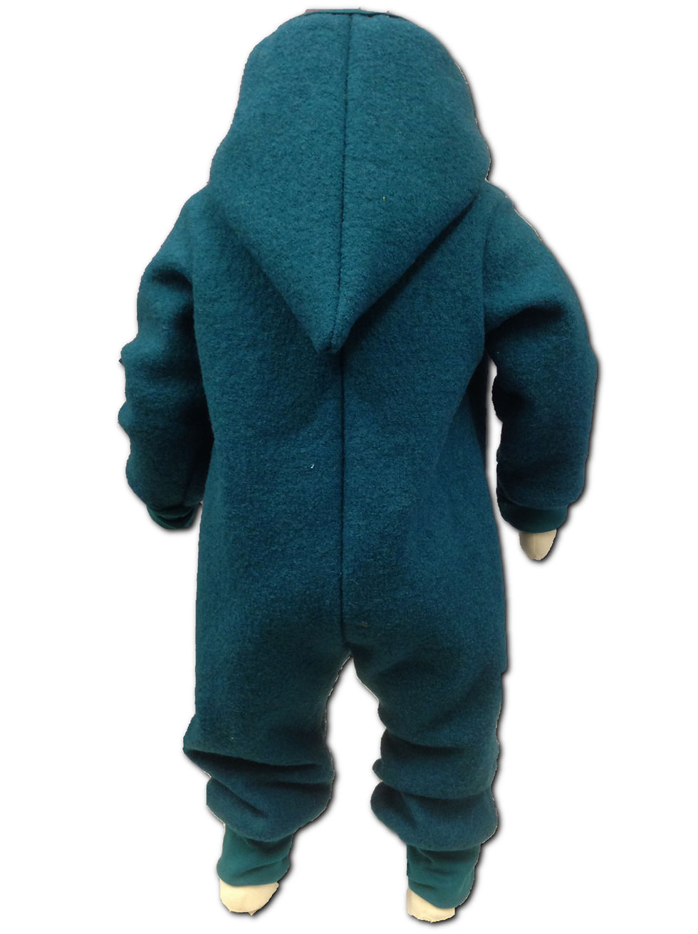 Miniaturbild: Ein Kind in einem blauen Overall, der Rücken, Kapuze, Reißverschluss.