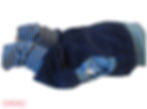 Dunkelblaues Kinderkleid mit Sternmuster und blau-weiß gestreiftem Ärmel, Detailaufnahme.
