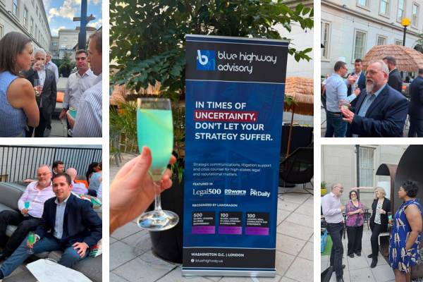 blue highway advisory team happy hour event photos, people talking, engaging on a summers day