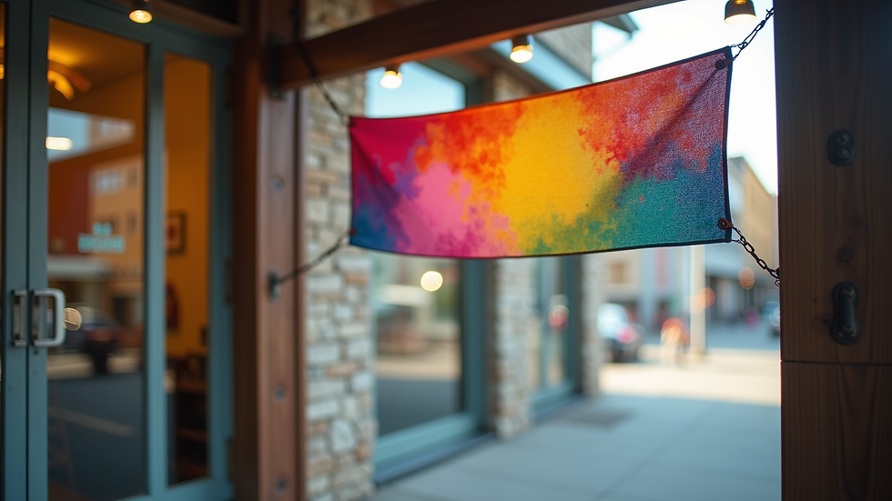 Eye-level view of a colorful banner displayed at a local business entrance
