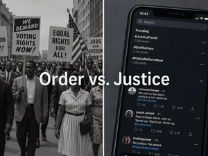 A black and white image of civil rights protests from the 1960s vs. a modern image of a phone screen showing trending topics and social media posts about justice issues.