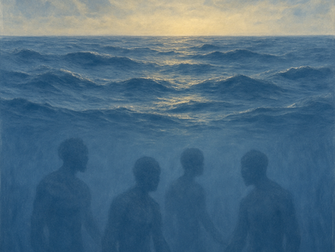 A rendering of a turbulent Atlantic horizon at dusk, with faint silhouettes of chained figures beneath the waterline