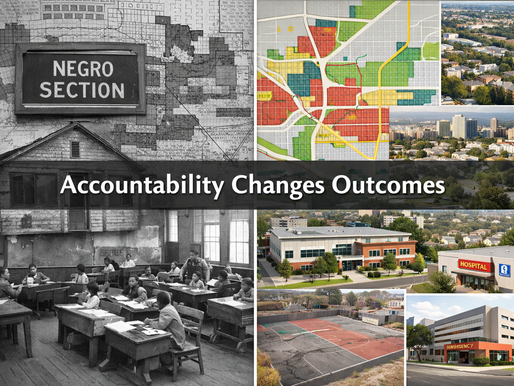 Historical policies in action, redlining maps, segregated neighborhoods, underfunded schools, archival black and white imagery.