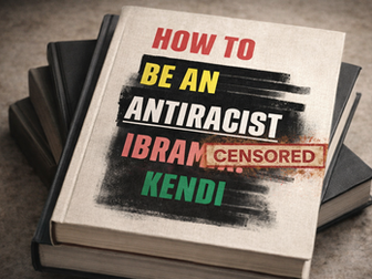 A stack of books with How to be an Antiracist on top, stamped with censored, title still visible.