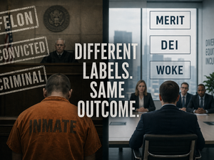 Prison intake imagery with the stamped label “Criminal.” vs. modern corporate setting with words “Merit,” “DEI,” “Woke” appearing in clean typography.