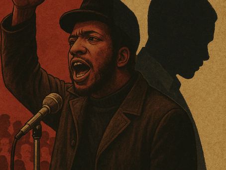 A split image: one half showing Fred Hampton speaking passionately to a crowd, the other half showing a shadowed figure representing Bill O’Neal’s secrecy.