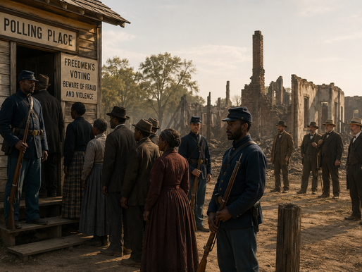 A Reconstruction-era Southern polling place guarded by federal troops in blue Union uniforms while Black citizens stand in line to vote. 