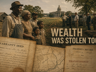 Image of older Black farming family standing near farmland in the American South during the mid-1900s.