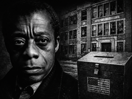 A stark black and white portrait of James Baldwin paired with an image of a deteriorating American institution