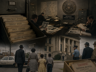A dimly lit 1960s-era government records room inside a Mississippi state office. Filing cabinets are partially open, revealing folders labeled with names of civil rights activists, churches, student groups, and NAACP chapters.
