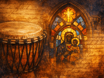A layered image combining a drum, a church window, and handwritten script fragments fading into one another.