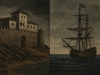 An illustration of an African coastal trading fort. On the other, a European ship anchored offshore.