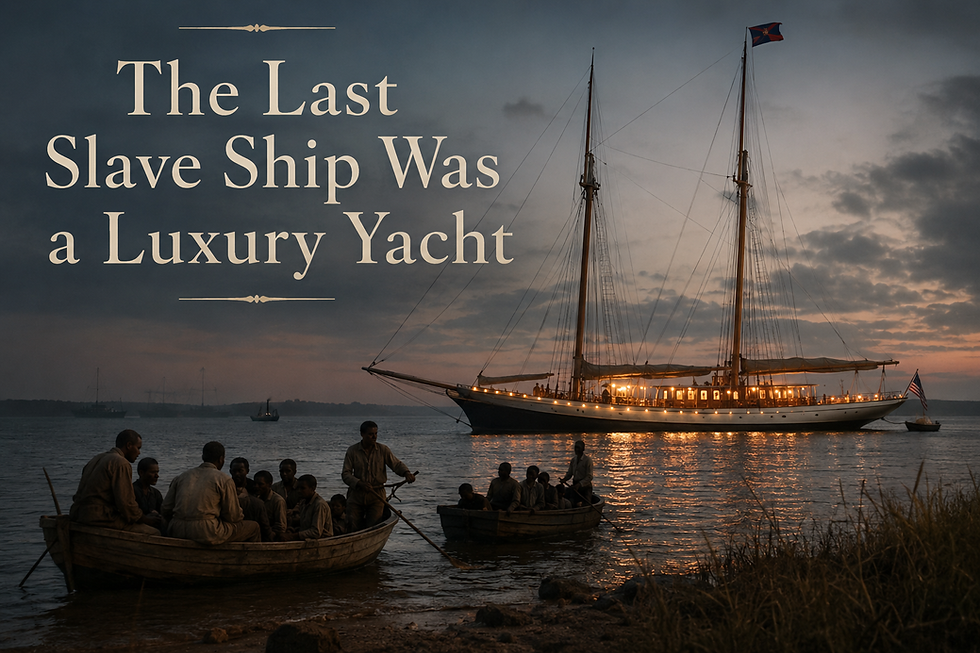 A historically accurate luxury schooner anchored offshore at dusk near Jekyll Island