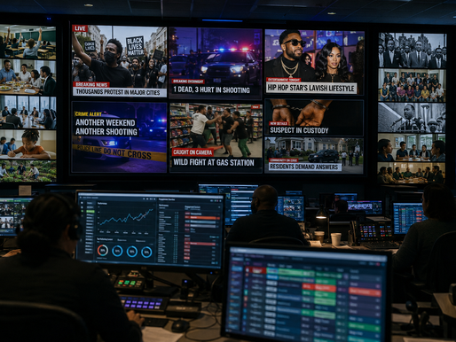 A newsroom control room filled with glowing monitors. On the screens are different depictions of Black life: protest footage, celebrity culture, crime headlines, classroom scenes, family dinners, business meetings, community organizing, and historical civil rights imagery