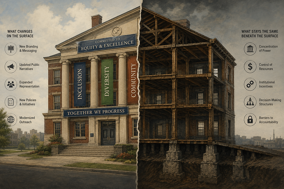 Two versions of the same institutional building communicating adaptation versus structural change.