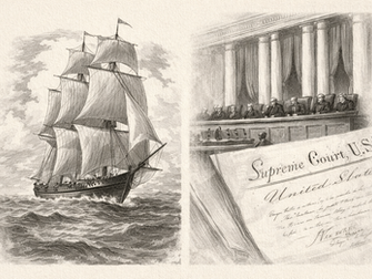 restrained illustration or archival engraving of the Amistad at sea, paired with a close detail of 19th-century legal documents or a Supreme Court chamber