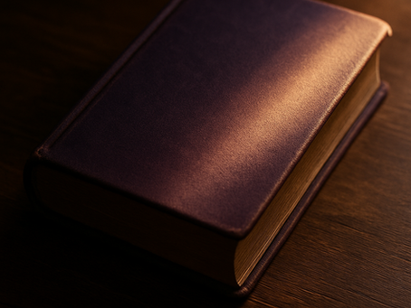 A close-up of a worn purple book cover resting on a wooden table, with a single ray of light illuminating the spine.