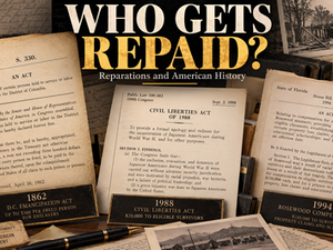 A documentary-style archival composition titled “Who Gets Repaid? Reparations and American History.” Three historical government documents represent different approaches to compensation: the 1862 D.C. Emancipation Act, which compensated qualifying enslavers; the 1988 Civil Liberties Act, which provided redress to eligible Japanese Americans incarcerated during World War II; and Florida’s 1994 Rosewood legislation, which compensated survivors of the 1923 racial massacre. Set against a background of aged records, historical photographs, and government imagery, the composition examines how American institutions have determined whose losses deserve recognition and financial compensation.