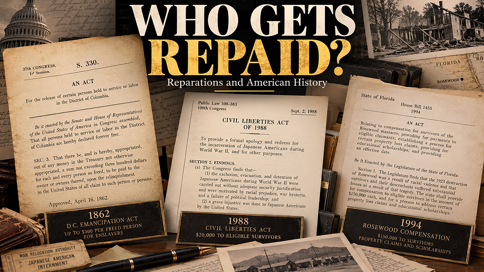 A documentary-style archival composition titled “Who Gets Repaid? Reparations and American History.” Three historical government documents represent different approaches to compensation: the 1862 D.C. Emancipation Act, which compensated qualifying enslavers; the 1988 Civil Liberties Act, which provided redress to eligible Japanese Americans incarcerated during World War II; and Florida’s 1994 Rosewood legislation, which compensated survivors of the 1923 racial massacre.