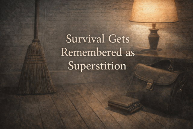 Close-up of everyday objects associated with common “superstitions”: Broom, Purse, Dimly lit room 