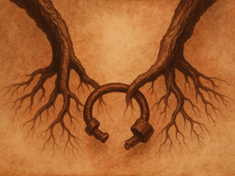 Two roots winding beneath the surface, merging into a broken iron shackle.