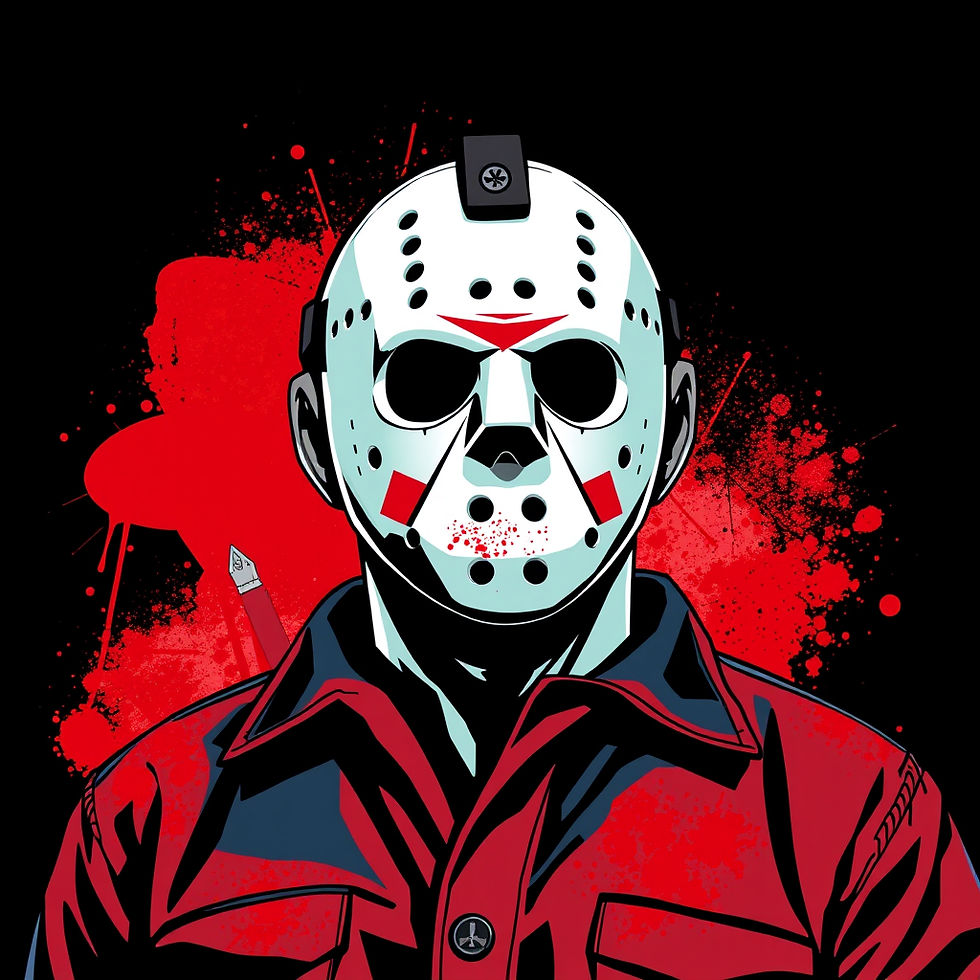 Jason Voorhees psychology artwork showing iconic hockey mask killer in stylized portrait with red blood splatter background demonstrating silent killer attraction through dramatic visual contrast