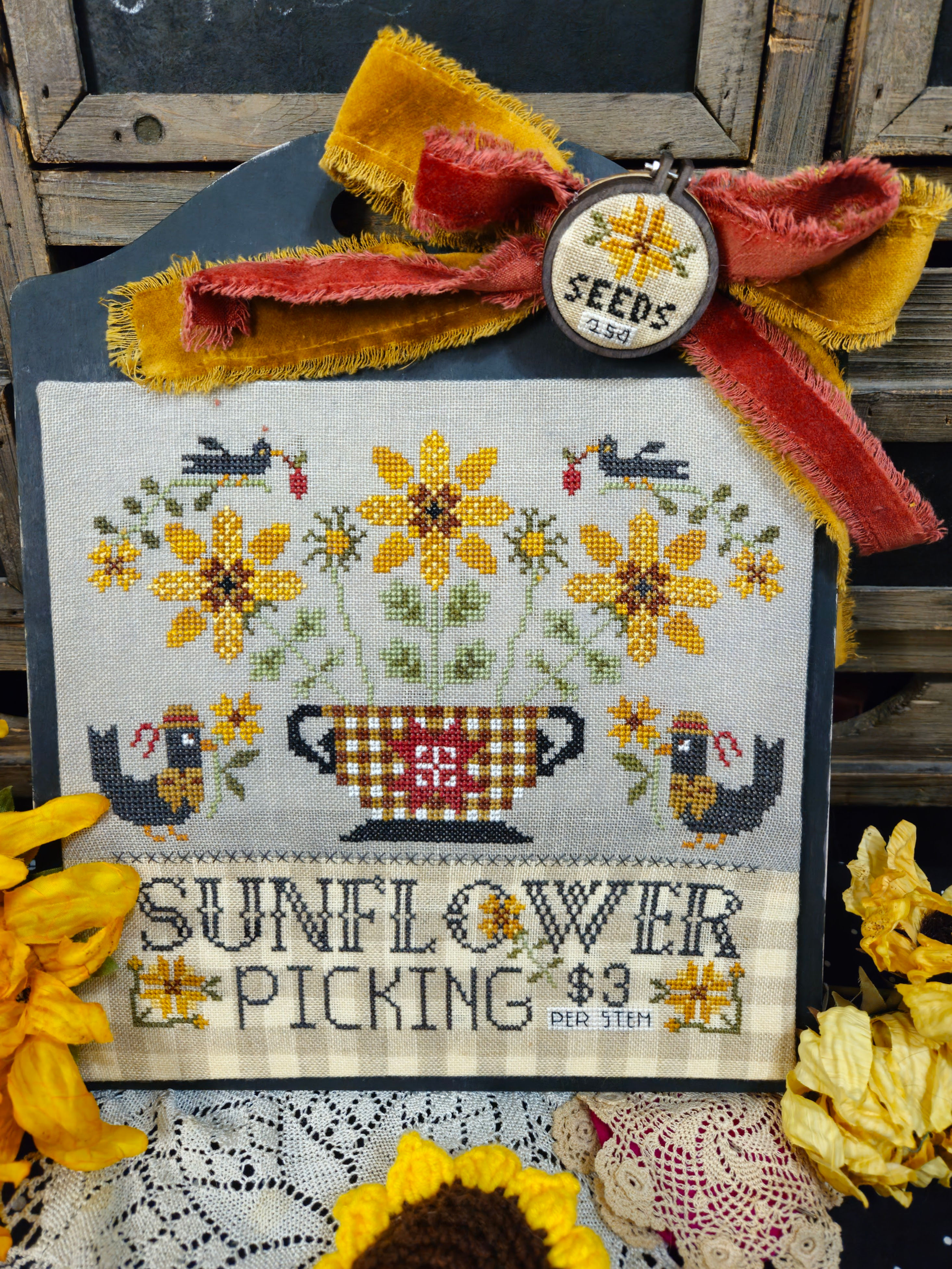 SUNFLOWER PICKING Quaint Rose NeedleArts Pattern Only
