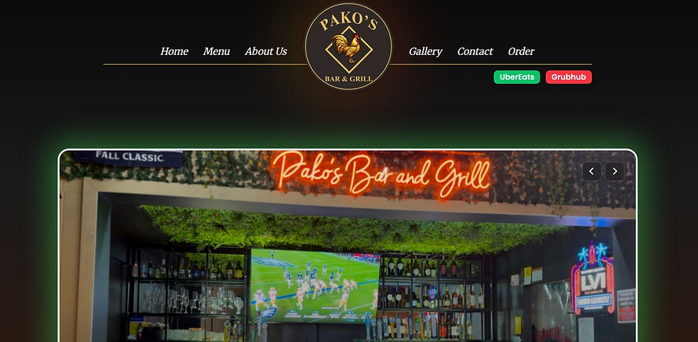front homepage to pakos bar and grill website showcasing a carousel of images starting with an image of the bar in the restaurant and on top is the menu navigation bar with their golden rooster logo centered at the top of the page
