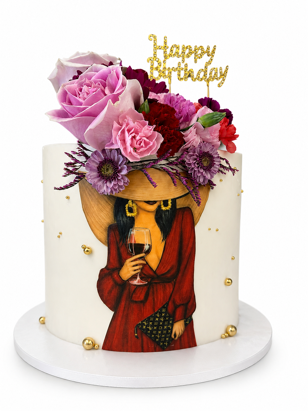 Custom cake with a classy feminine design for birthdays with flowers and wine art