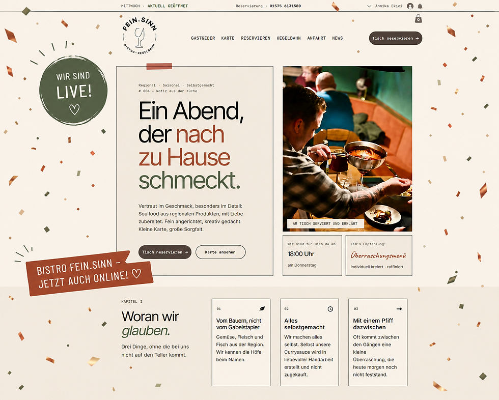 Bistro-Website mit Bild von Mann beim Essen, Texten über regionale Küche und Online-Verfügbarkeit. Farben: Grün, Orange, Beige. Stimmung: einladend.