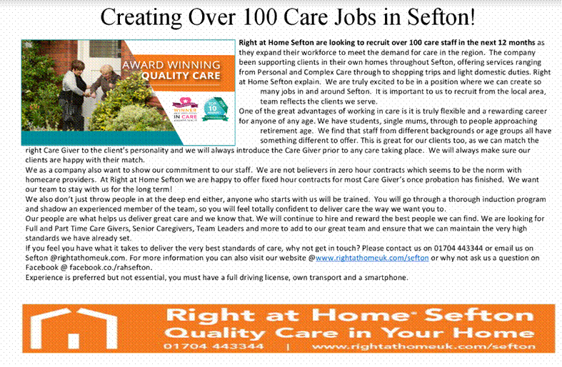 Right at home care creating over 100 care jobs in Sefton