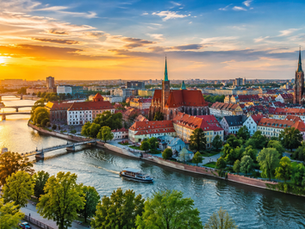 Wrocław Cathedral and historic buildings beside the Oder River