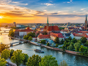 Wrocław Cathedral and historic buildings beside the Oder River