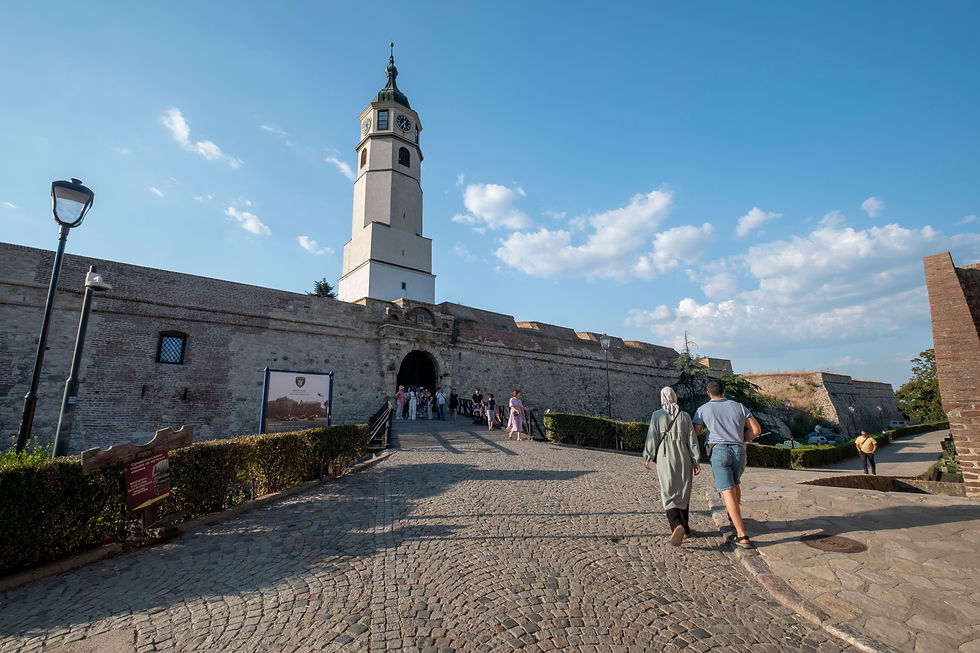 The iconic Clock Tower stands above the entrance to Kalemegdan Fortress, welcoming visitors to one of Belgrade's most historic landmarks.