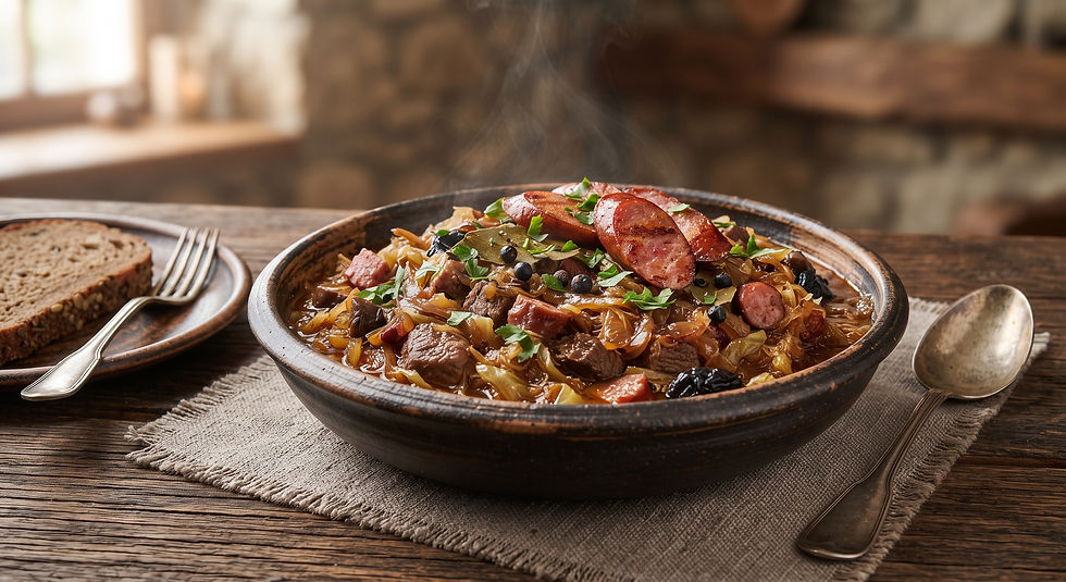 Rustic bowl of bigos Polish hunter's stew with sauerkraut, sausage, meat and herbs served with rye bread on a wooden table