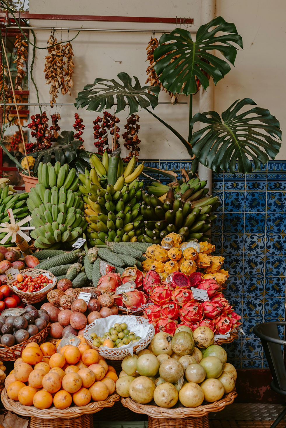 Fresh exotic fruits line the stalls of Funchal