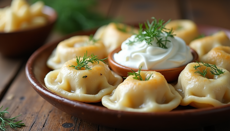 Eye-level view of a traditional Polish pierogi plate with sour cream and dill