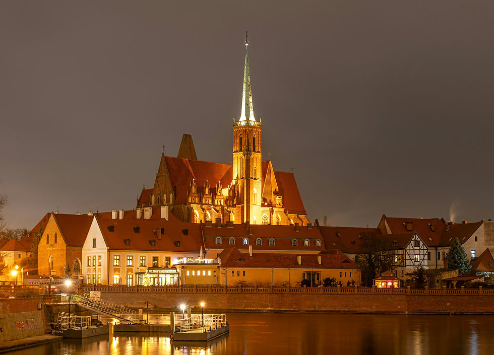 Wroclaw Old Town at night with illuminated Cathedral Church of St John and historic buildings reflected in Oder River - Wroclaw after dark and things to do in Wroclaw at night