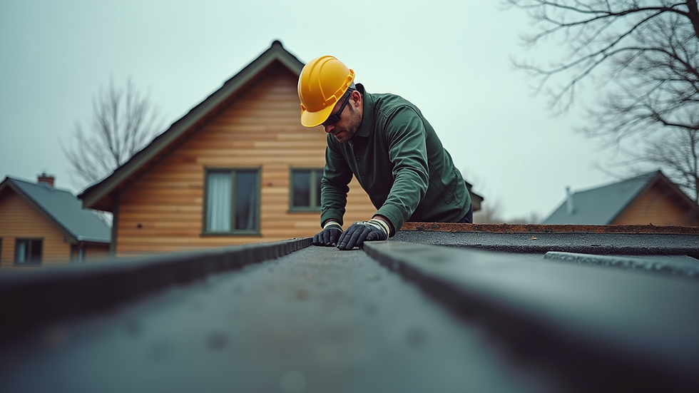 Eye-level view of a home inspector examining a roof