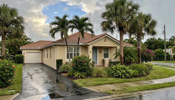 Wide-angle view of a single-story Bradenton home after rain.