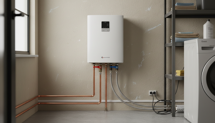 Eye-level view of service valves below an electric tankless water heater