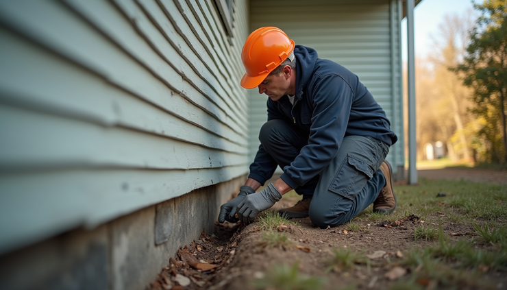 Eye-level view of a home inspector examining the foundation of an older house