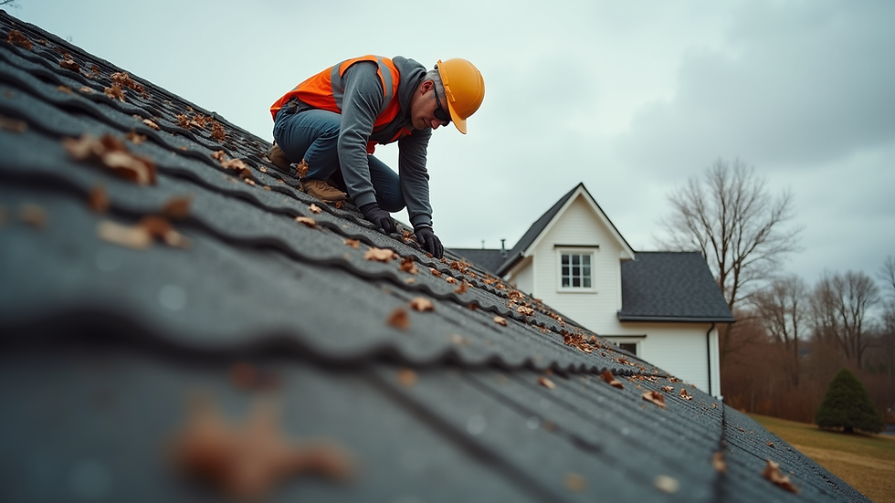 Eye-level view of a home inspector examining a roof