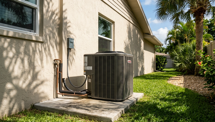Low-angle view of a residential air-conditioning unit beside a Florida home.