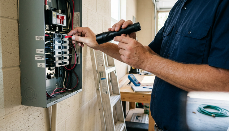 Eye-level view of a home inspector checking an electrical panel in a garage