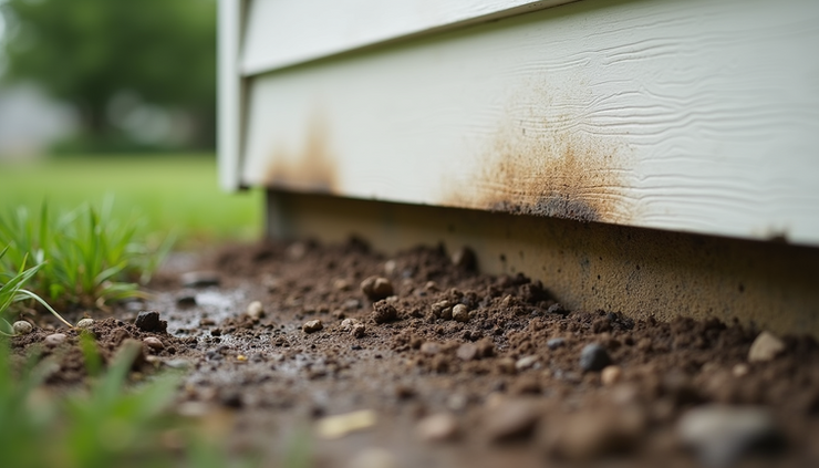 Close-up view of exterior siding touching damp soil near the foundation